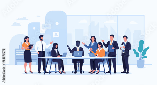 Diverse group of professionals in a modern office, collaborating around a table