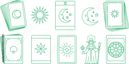 Collection of tarot and playing cards with celestial and mystical symbols isolated on transparent background