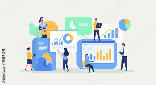 Diverse people collaboratively analyzing data and charts on digital screens, illustrating teamwork and insights