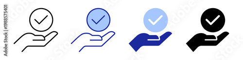 Approval Vector Icons with stylized hand holding check mark circle, Black and Blue outlined and flat style versions for validation, confirmation or approval designs