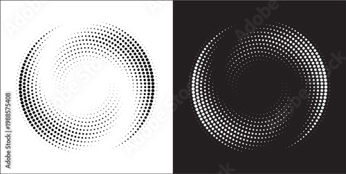 Halftone circle frame dotted set on White and Black background. Round halftone design decoration random circle dots vector texture. Grunge circular stain