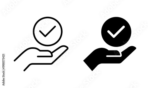 Approval Vector Icons with stylized hand holding check mark circle, outlined and flat style versions for validation, confirmation or approval designs
