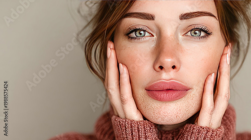 Closeup portrait of a beautiful woman with hands on face.