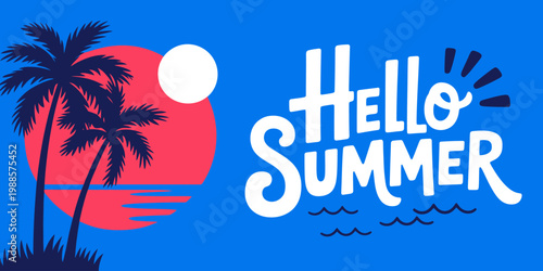 Bright colorful summer greeting with palm trees and ocean waves design