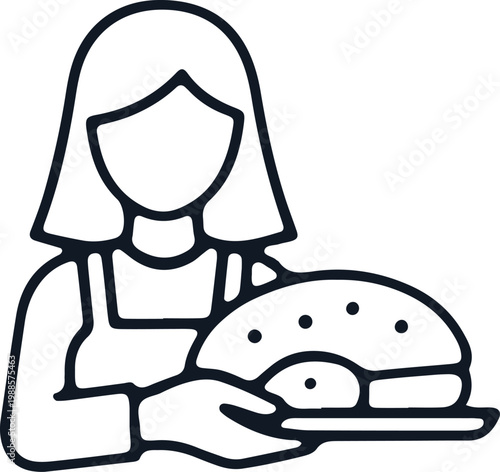 Woman holding plate with food icon isolated on checkered background.