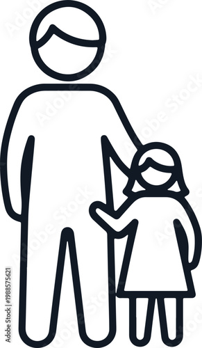 Father and child standing together, father's arm around child, bond and family.