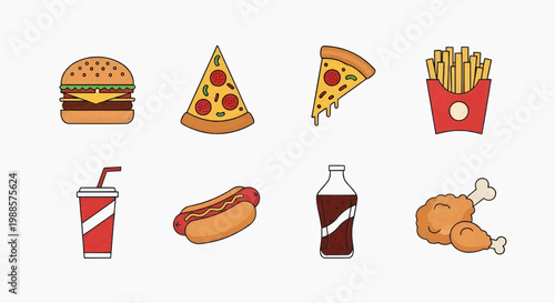Set of fast food vector icons with burger pizza and fries design