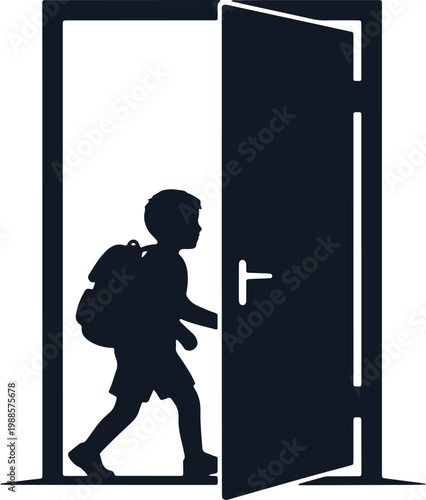 Child with backpack enters open door, new beginnings, school entry or opportunity.