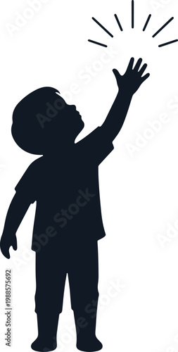Child reaching up with open hand towards light, aspiration and hope concept.