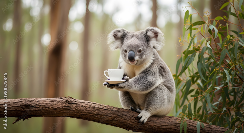 Fototapeta premium A curious koala perched on a tree branch amidst lush greenery