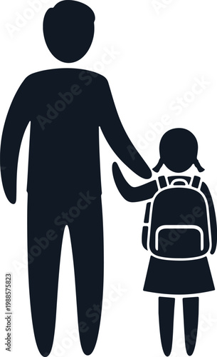 Father holding daughter's hand going to school illustration.