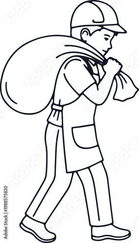 Delivery man with sack on shoulder walking isolated on transparent background vector.