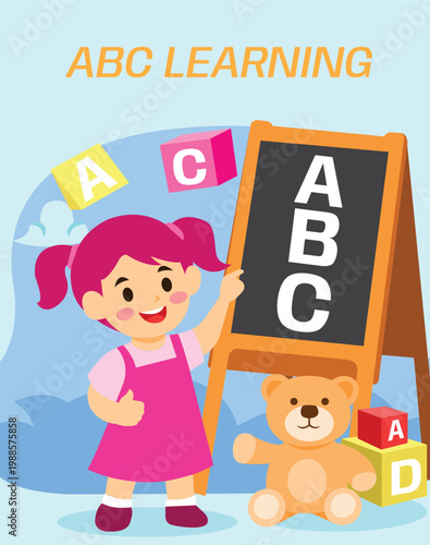 ABC Learning Flat Illustration for Kids with Girl, Blackboard and Alphabet Blocks