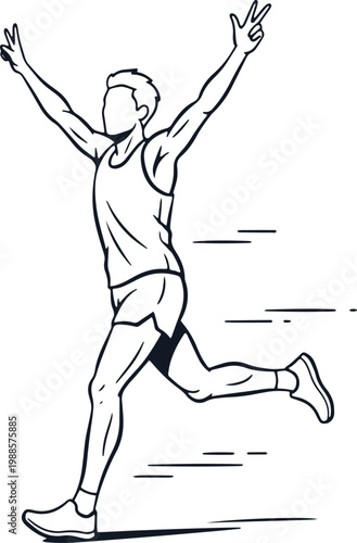 Celebration runner arms up isolated on transparent background vector line art.