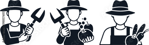 Farmer icon set, agriculture symbols, healthy food, gardening tools, rural lifestyle, farming icons.