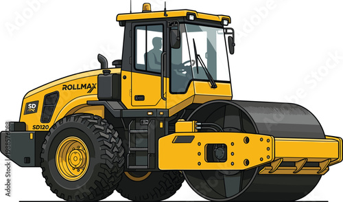 Single drum road roller compactor machine with heavy duty design for asphalt and soil compaction in construction vector illustration
