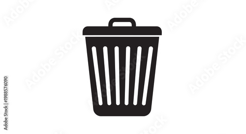 Simple black silhouette of a wastebasket with a lid and vertical lines
