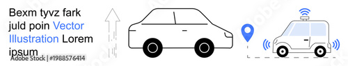 Autonomous driving, smart navigation, technological innovation, self-driving cars, future mobility, GPS tracking. Minimalist artwork of cars, one indicating autonomous tech. Autonomous driving