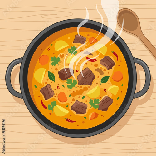 A steaming hot pot of beef stew sits on a wooden table beside a spoon.