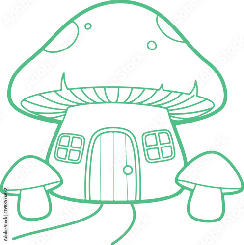 Whimsical Mushroom House Illustration Featuring Tiny Door and Windows Surrounded by Forest Mushrooms