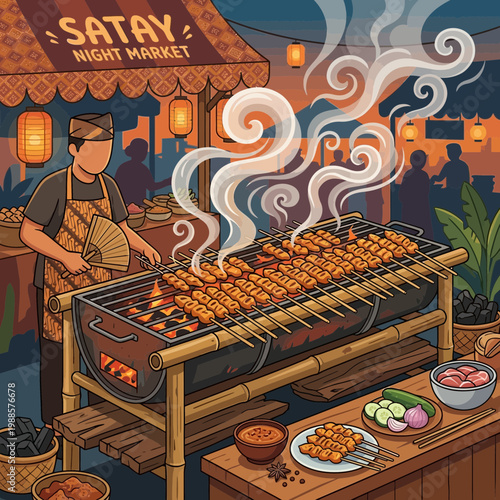 A street food vendor grills satay at a bustling night market in a vibrant city.
