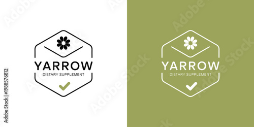 Yarrow dietary supplement logo design with a floral emblem and check mark symbol