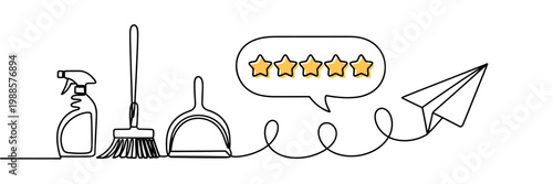 Continuous line drawing of cleaning supplies with a fivestar rating and paper airplane isolated on transparent background