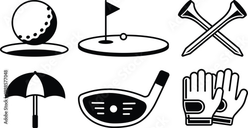 Set of golf equipment icons, including ball, hole, tees, umbrella, iron, and gloves in black and white
