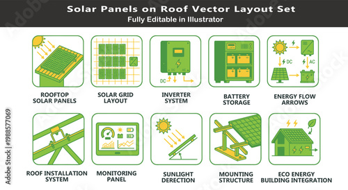 Renewable energy architecture vector icons set, top view solar systems, rooftop panels, inverter, battery storage, energy flow, monitoring CAD layout