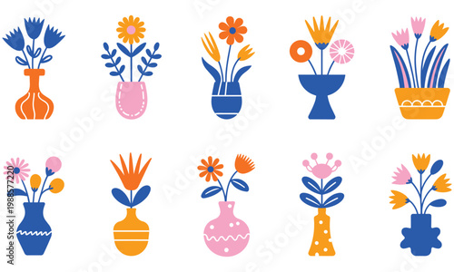 Modern flat vector illustration set of colorful spring flower bouquets in decorative ceramic vases isolated on white background for design