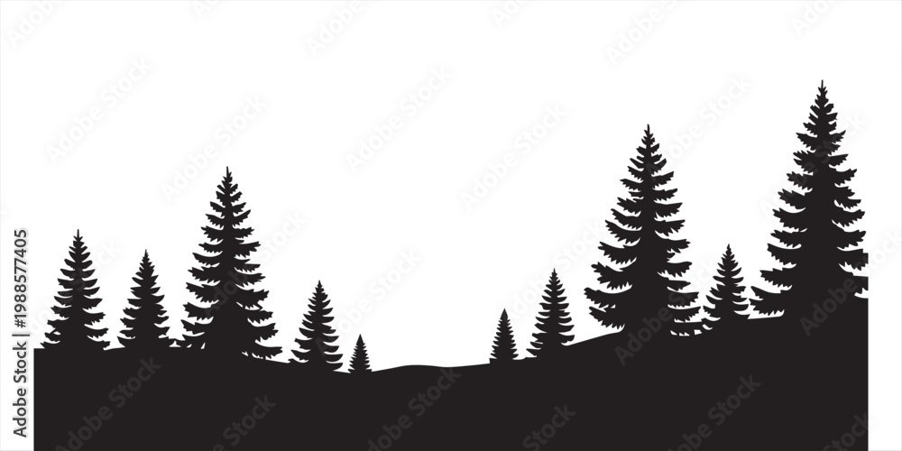 Obraz premium Panoramic pine forest silhouette vector illustration featuring seamless horizontal border of coniferous trees isolated on white background for nature design