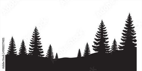 Panoramic pine forest silhouette vector illustration featuring seamless horizontal border of coniferous trees isolated on white background for nature design
