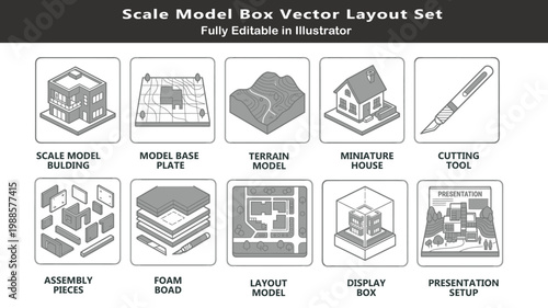 Architectural model vector icons set, top view scale model elements, miniature buildings, terrain base, foam board, presentation layout, design display