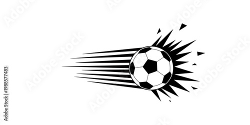 Dynamic black and white soccer ball icon with speed lines and explosive effect isolated on transparent background