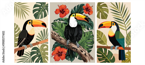Three decorative wall art panels featuring vibrant toucan birds perched among exotic tropical leaves and bright flowers