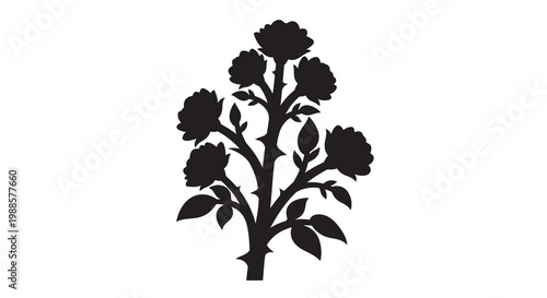 A silhouetted floral arrangement depicting a stem with multiple blossoms