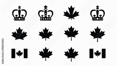 Clean vector illustration featuring 12 black icons of crowns maple leaves and flags on a white background