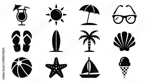 Black and white vector illustration showcasing 12 summer themed icons including sunglasses palm trees and beach balls