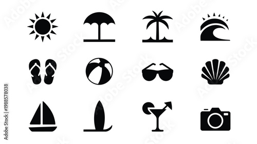 Black and white vector icons of beach and vacation elements including sun umbrella palm tree waves flip flops beach ball sunglasses shell sailboat surfboard cocktail and camera