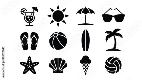 Black vector icons showcasing summer activities and beach symbols with palm tree sunglasses and volleyball in minimalist style