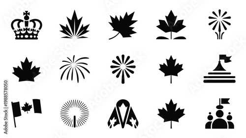 Black and white vector icons featuring a crown maple leaves fireworks flag ribbon and silhouettes of people