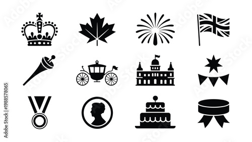 Black and white vector illustration of iconic symbols including a crown maple leaf fireworks flag carriage and more