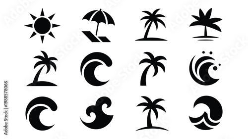 Tropical beach icons with palm trees waves sun and umbrella in clean vector illustration style