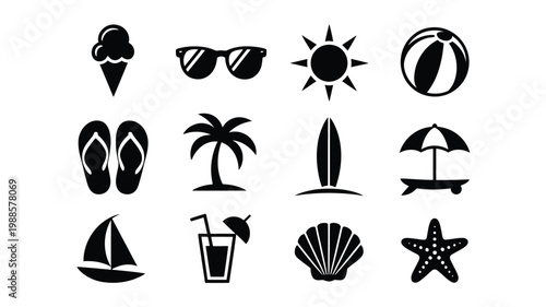 Summer themed vector icons featuring beach ball sun flip flops palm tree and refreshing drinks in minimalist black and white design style