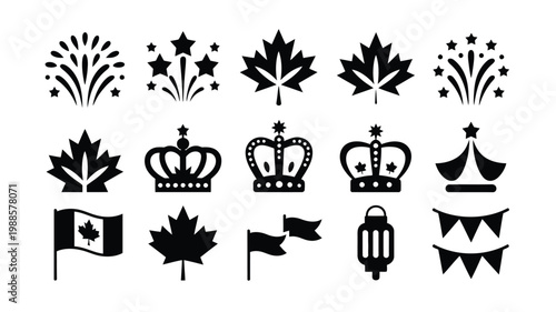 Black and white vector icons featuring maple leaves fireworks crowns flags lantern and bunting in a clean minimalist style
