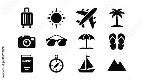 Minimalist black and white icons featuring travel essentials including suitcase sunglasses passport and beach symbols for vacation
