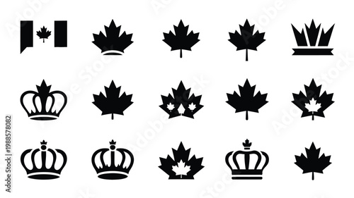 Clean vector bundle featuring maple leaves crowns and flag symbol in bold black and white design ideal for national themed projects