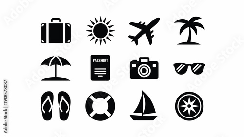 Black and white vector icons of travel essentials including suitcase sun airplane palm tree passport and more in minimalist design