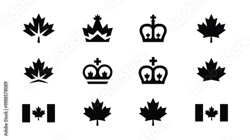 Black and white minimalist collection of 12 logo silhouettes featuring maple leaves crowns and flags