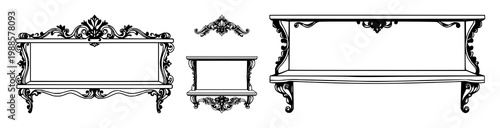 Silver shelf set with black line art on white background featuring ornate design, detailed carving, minimalist graphic with ornamental and silver finish